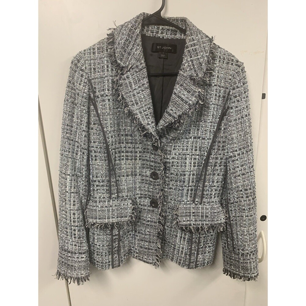 St John Boucle Tweed Blazer Grey/Blue Multicolor Fringe with Satin Trim Size 4